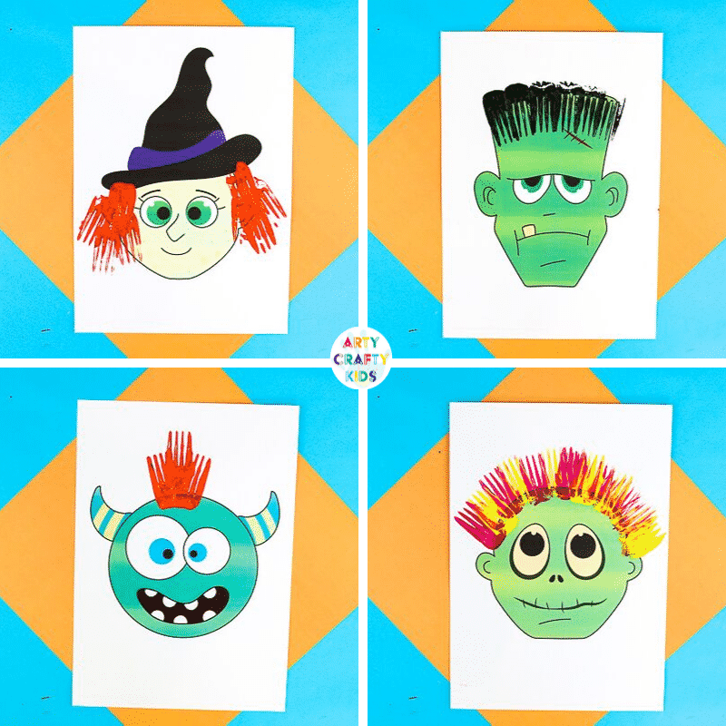 Arty Crafty Kids | Fork Painted Monster Hair - Halloween Crafts for Kids. Children can complete the monster templates (available in colour and black & white) using different painting techniques.