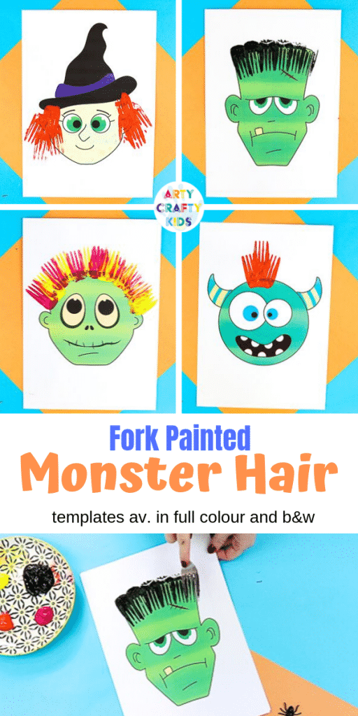 Arty Crafty Kids | Fork Painted Monster Hair - Halloween Crafts for Kids. Children can complete the monster templates (available in colour and black & white) using different painting techniques.