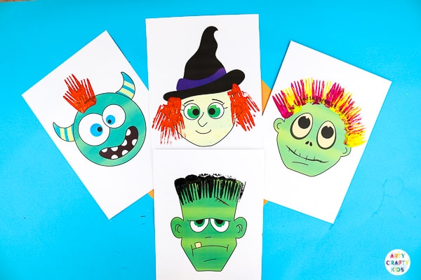 Arty Crafty Kids | Fork Painted Monster Hair - Halloween Crafts for Kids. Children can complete the monster templates (available in colour and black & white) using different painting techniques.