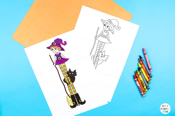 Arty Crafty Kids | Surprise Witch Printable Craft for Halloween. A fun and easy paper toy for kids. Extend the paper the reveal with the witch's best friend.