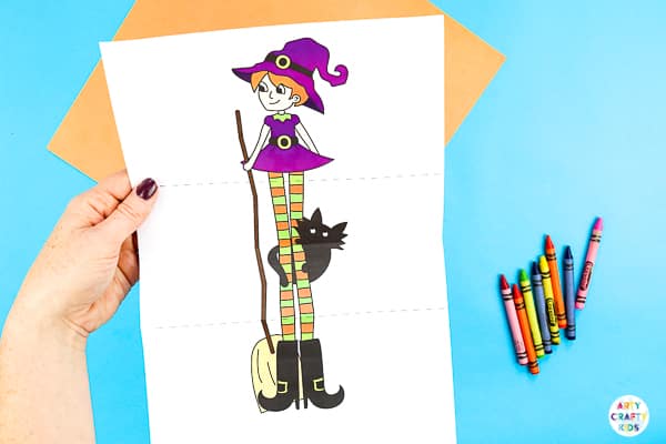 Arty Crafty Kids | Surprise Witch Printable Craft for Halloween. A fun and easy paper toy for kids. Extend the paper the reveal with the witch's best friend.