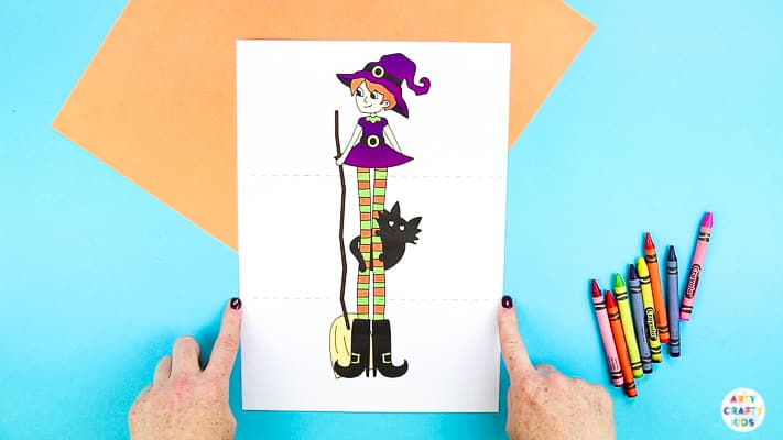 Arty Crafty Kids | Surprise Witch Printable Craft for Halloween. A fun and easy paper toy for kids. Extend the paper the reveal with the witch's best friend.