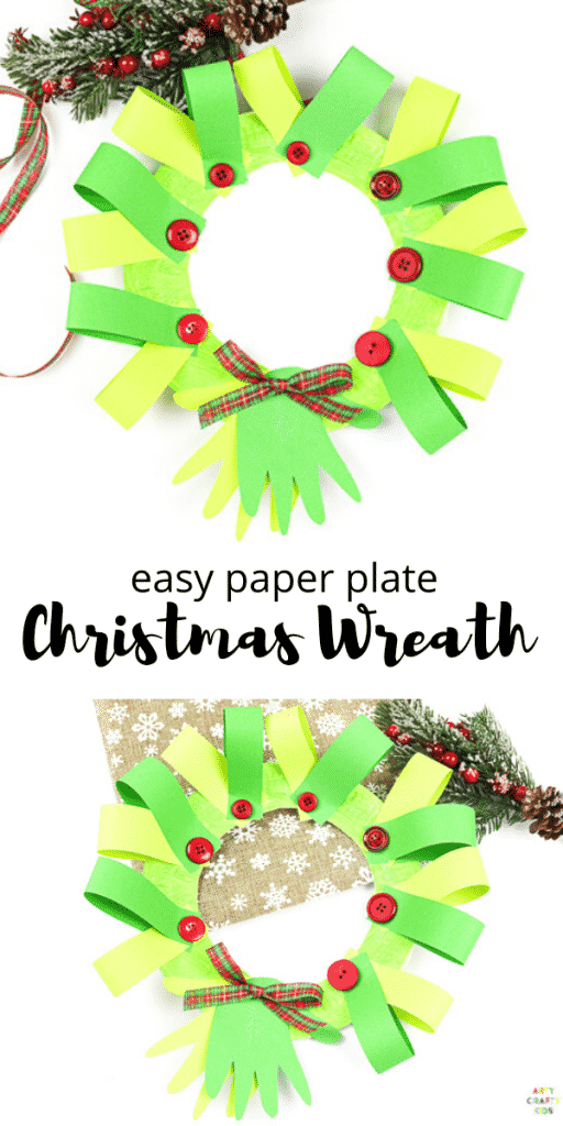 Easy Paper Plate Handprint Christmas Wreath Craft for kids. A n easy Christmas craft that kids will love to make either at home or within the classroom. With added handprints, this craft also doubles up as a special keepsake craft for the festive season.