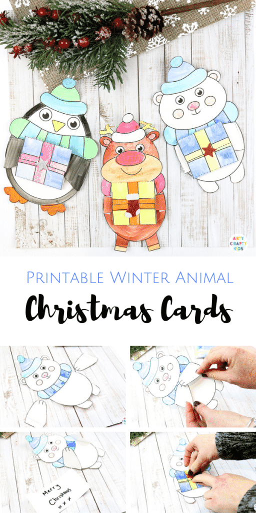 These Winter Animal Printable Christmas Cards are so easy for kids to make and super fun to colour! The adorable Christmas Cards are available in three designs - Polar Bear, Penguin and Reindeer, in full colour and black & white. If you're looking for an easy Christmas craft for kids at home or within the classroom, then these printable cards are exactly what you're looking for! #artycraftykids
