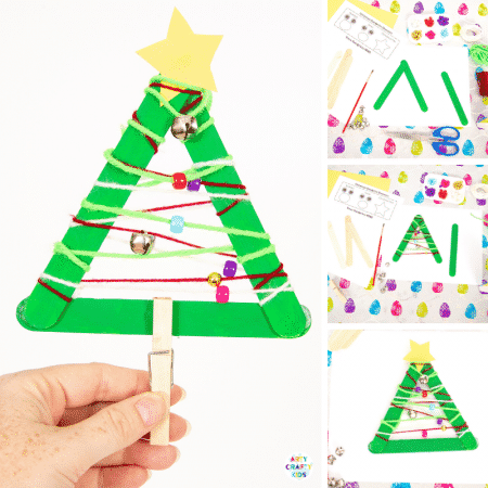 Yarn Wrapped Musical Popsicle Stick Christmas Tree Craft for Kids - Create this easy Christmas Ornament with your kids this Christmas. The Christmas Tree craft doubles up as a jingly musical instrument that will be fun going all day long.