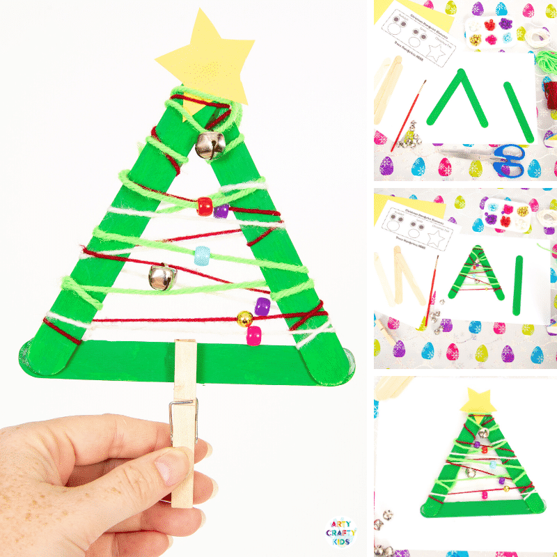 Yarn Wrapped Musical Popsicle Stick Christmas Tree Craft for Kids - Create this easy Christmas Ornament with your kids this Christmas. The Christmas Tree craft doubles up as a jingly musical instrument that will be fun going all day long.