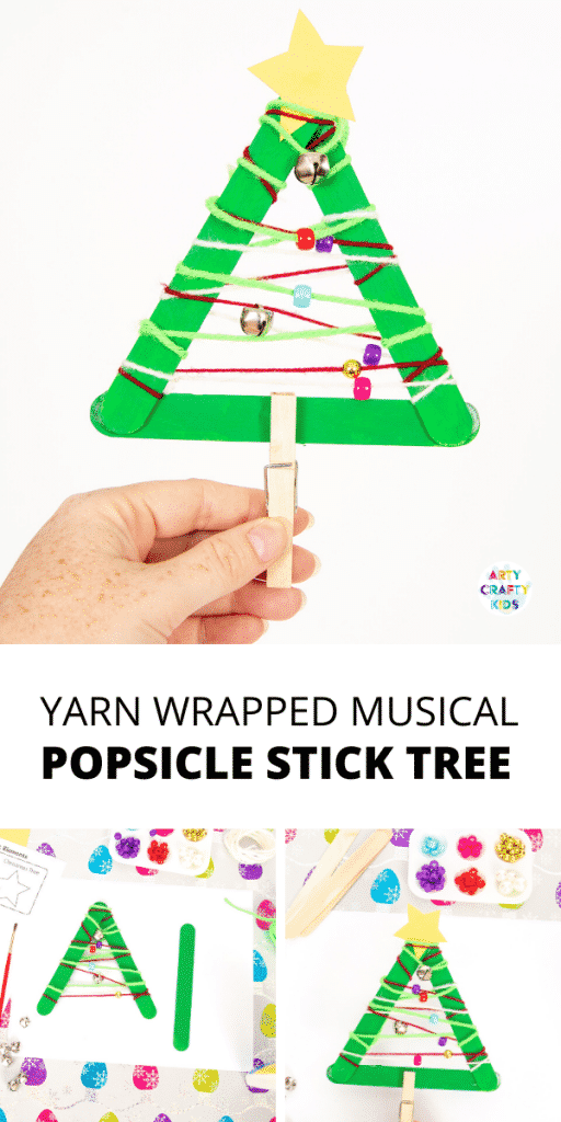 Yarn Wrapped Musical Popsicle Stick Christmas Tree Craft for Kids - Create this easy Christmas Ornament with your kids this Christmas. The Christmas Tree craft doubles up as a jingly musical instrument that will be fun going all day long.