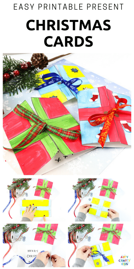 Easy Present Printable Christmas Cards for Kids to make-あなたは子供たちと作るために迅速かつ簡単にクリスマスカードを探しているなら、これはあなたのためのクリスマスクラフトです! 私たちの印刷可能なクリスマスカードのテンプレートを使用して-子供たちが飾ると独立してクリスマスカードを作ることができます。