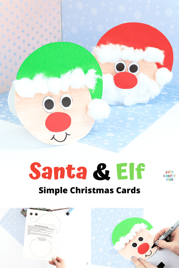 Easy Santa Christmas Card for Kids to make. Use our printable Christmas card template to create a cute Santa Claus card or Elf. This craft is perfect to make with young children from preschool to kindergarten and early years education #artycraftykids #kidscrafts #christmascards