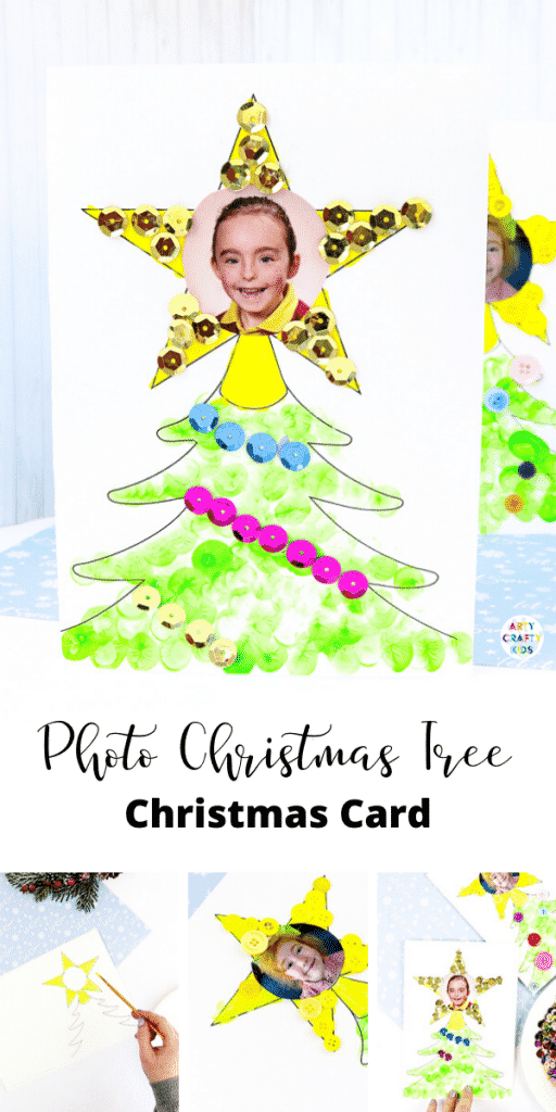 子供が作るための写真のクリスマスツリーカード|個人的なタッチで子供のための楽しさと簡単なクリスマスクラフト。 特別なクリスマスの記念品を作成するために写真や指紋を追加します。