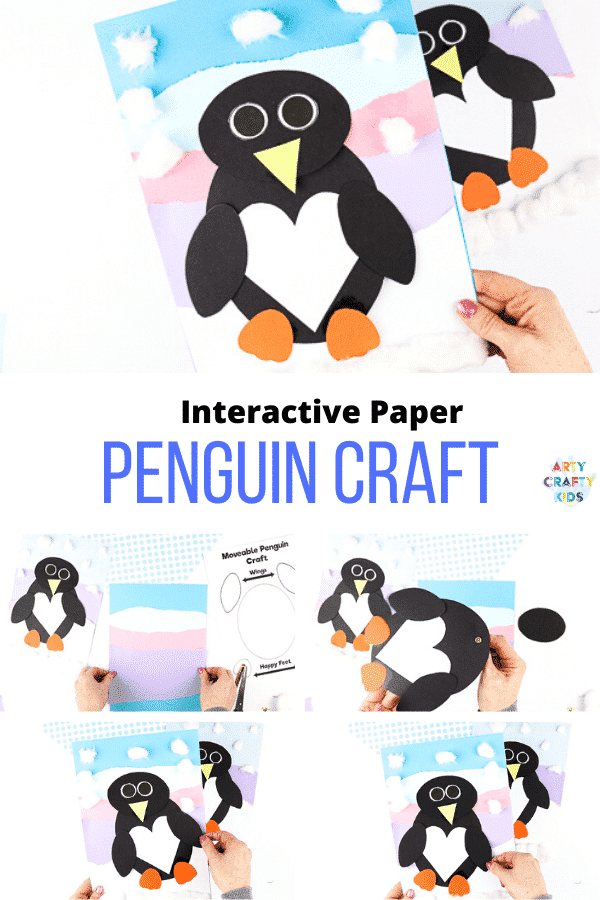Interactive Paper Penguin Craft - Inspired by Happy Feet. A fun and engaging Winter craft for Kids. With a penguin that moves and dances on the snowy floor, this is a craft that inspires children to play! This craft can be completed with our Printable Penguin Template.