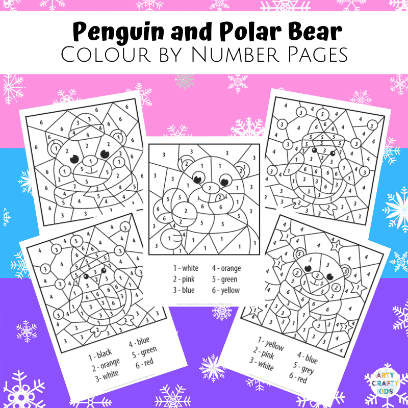 Penguin and Polar Bear Color By Number Worksheets for Kids