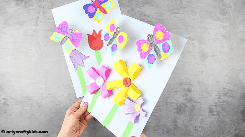 Make a Bobble Butterfly Craft with Spring Flowers with the Kids.  A fun and easy Spring craft that kids will love. The butterfly craft can be completed with our printable butterfly template.