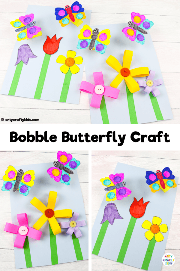 Make a Bobble Butterfly Craft and 3D Spring Flowers with the Kids.  A fun and easy Spring craft that kids will love. The butterfly craft can be completed with our printable butterfly template.