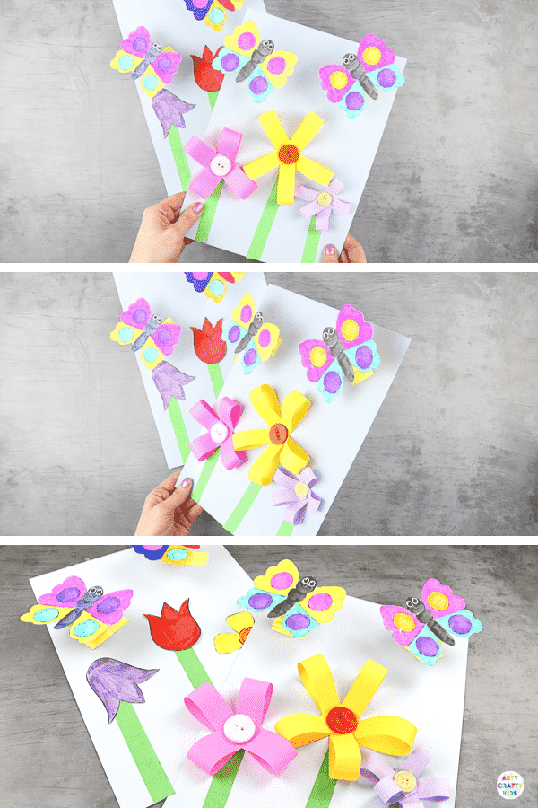 Make a Bobble Butterfly Craft with Spring Flowers with the Kids.  A fun and easy Spring craft that kids will love. The butterfly craft can be completed with our printable butterfly template.