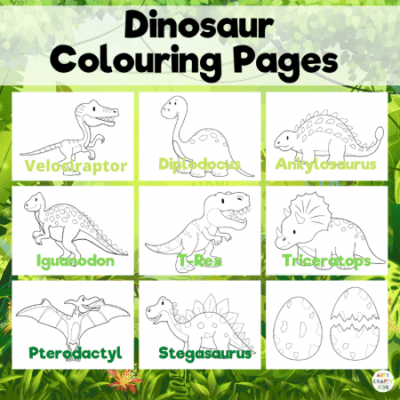 Dinosaur Coloring Pages for Kids. A great tool for identifying and learning the names of dinosaurs. This dinosaur coloring book features 8 popular dinosaurs and a set of dinosaur eggs!