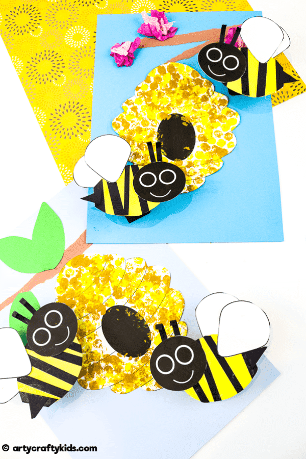 Bobble Bee Paper Craft for Kids | An engaging, fun and easy Spring Craft that kids will love! Use our printable templates to create a bee that buzzes and bounces around its beehive.