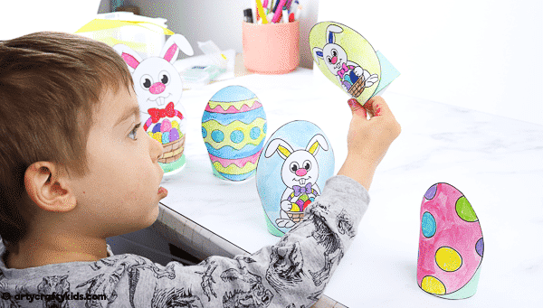 Printable Easter Paper Toy for kids to color and assemble. A combined activity of craft and play; children can use the toys within an Easter egg hunt, maths games and Easter imaginative play.