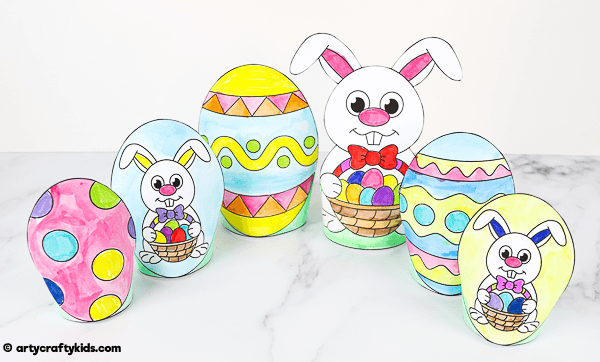 Printable Easter Paper Toy for kids to color and assemble. A combined activity of craft and play; children can use the toys within an Easter egg hunt, maths games and Easter imaginative play.