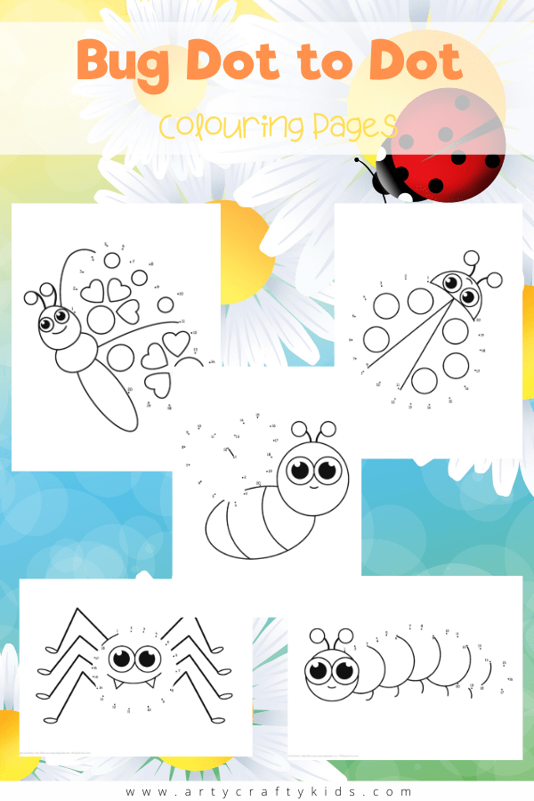 5 adorable Bug Dot to Dot Coloring Pages for Kids. Count 1-20 to complete the buzzy bee, ladybug, caterpillar, butterfly and spider! Perfect for preschoolers learning to count.