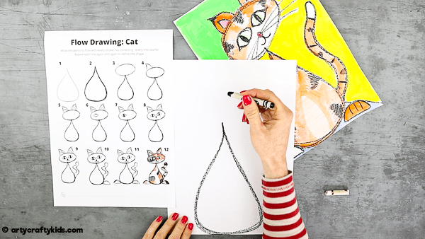 Flow Drawing for Kids - How to Draw a Cat: A fun drawing guide for children to follow that brings mindfulness to the creative process. Children are encouraged to use simple repetative flowing lines and shapes within their drawings.