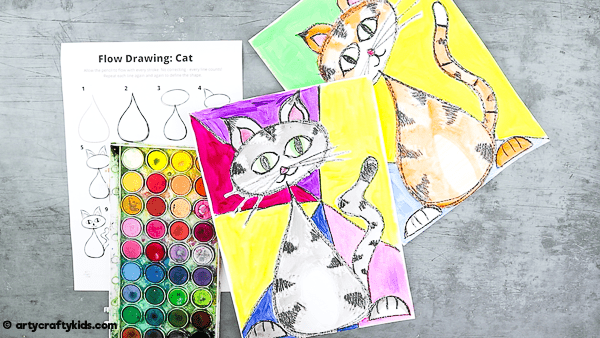 Flow Drawing for Kids - How to Draw a Cat: A fun drawing guide for children to follow that brings mindfulness to the creative process. Children are encouraged to use simple repetative flowing lines and shapes within their drawings.