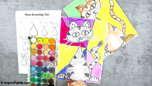 Flow Drawing for Kids - How to Draw a Cat: A fun drawing guide for children to follow that brings mindfulness to the creative process. Children are encouraged to use simple repetative flowing lines and shapes within their drawings.