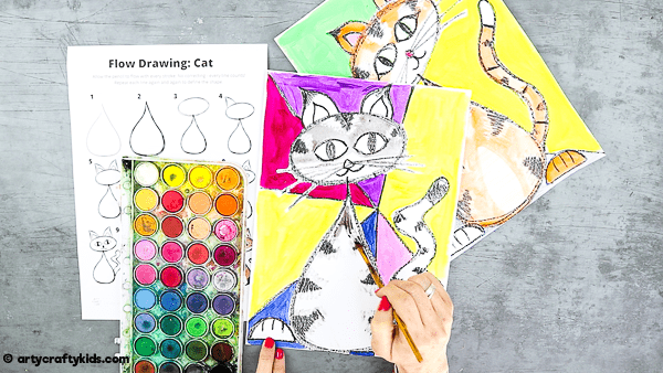 Flow Drawing for Kids - How to Draw a Cat: A fun drawing guide for children to follow that brings mindfulness to the creative process. Children are encouraged to use simple repetative flowing lines and shapes within their drawings. 