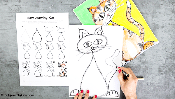 Flow Drawing for Kids - How to Draw a Cat: A fun drawing guide for children to follow that brings mindfulness to the creative process. Children are encouraged to use simple repetative flowing lines and shapes within their drawings.