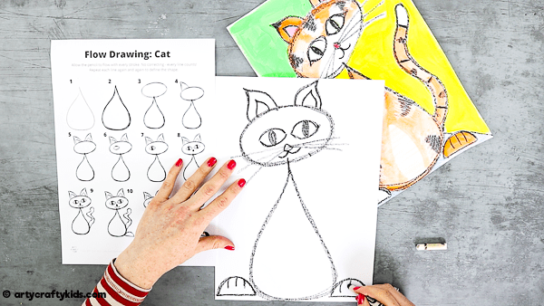 Flow Drawing for Kids - How to Draw a Cat: A fun drawing guide for children to follow that brings mindfulness to the creative process. Children are encouraged to use simple repetative flowing lines and shapes within their drawings.