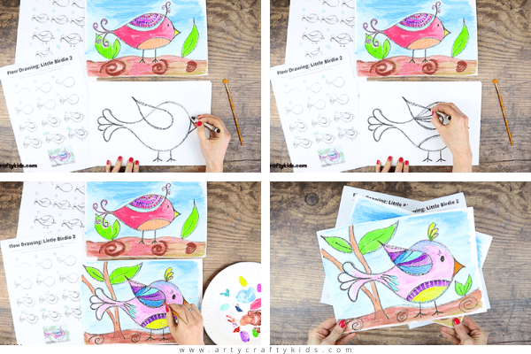 Flow Drawing for Kids: How to Draw a Little Bird - Arty Crafty Kids