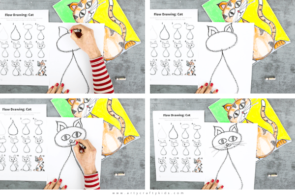 Flow Drawing for Kids - How to Draw a Cat: A fun drawing guide for children to follow that brings mindfulness to the creative process. Children are encouraged to use simple repetative flowing lines and shapes within their drawings.