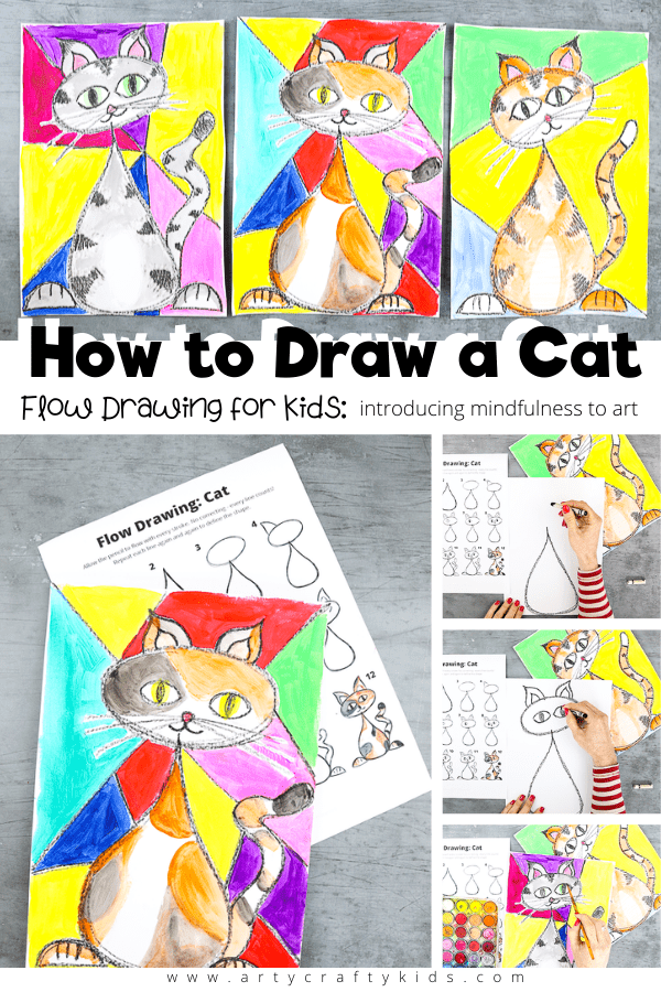 Learn How to Draw a Cat with our simple step-by-step guide. Using simple shapes to draw our cat, this design is one children of all ages can have a go at. Our free flow style encourages children to use repetitive lines to form the shapes of their cats. Once the cat is drawn, children can also learn how to use paint to make their cats pop with character.