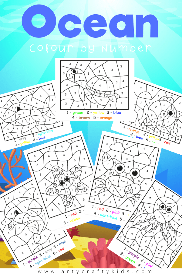 Printable ocean color by numbers pack for kids. These pages are particularly good for preschoolers; reinforcing color and number recognition while bringing calm to the coloring process.