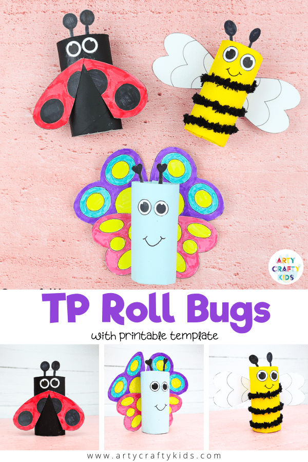 Learn how to make a trio of Toilet Paper Roll Bugs! Follow our step by step tutorial to create a paper roll Ladybug, paper roll Bee and a paper roll Butterfly. A fun and easy Spring craft for Kids!