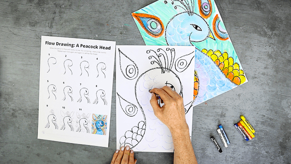 Using your white oil pastel or wax crayon, draw more lines of semicircles across the peacock's head and neck, just like you did for the body, to create a magic design.