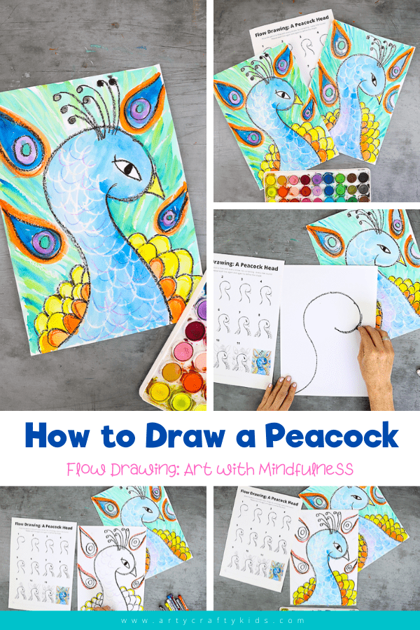 Flow Drawing for Kids: How to Draw a Peacocks Head - Blend art with mindfulness to draw a magnificent peacock. This simple how to draw guide for kids encourages the use of simple repetitive movements to create lines and shapes; enabling children to engage in their own natural rhythms and creativity.