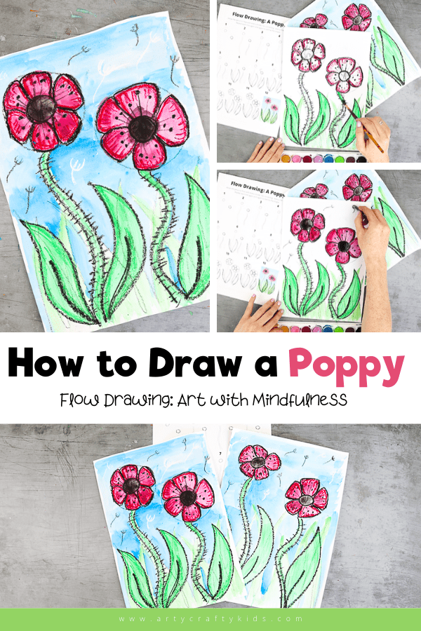 Flow Drawing: How to Draw a Poppy guide for kids! A fun and simple how to draw guide that encourages repetitive flowing movements to create lines and shapes. A beautiful art project for kids for remembrance and memorial day.