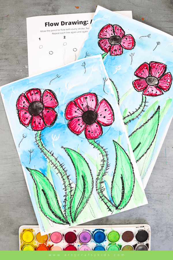 Flow Drawing: How to Draw a Poppy guide for kids! A fun and simple how to draw guide that encourages repetitive flowing movements to create lines and shapes. A beautiful art project for kids for remembrance and memorial day.