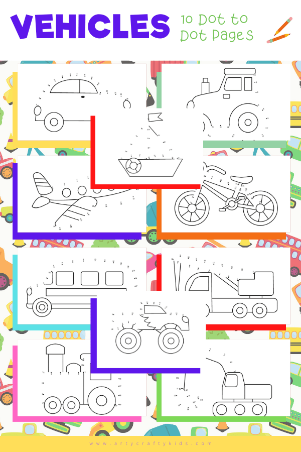 10 Vehicle dot to dot coloring pages for kids. Reinforce counting and number recognition with this fun dot to dot vehicle activity pack!