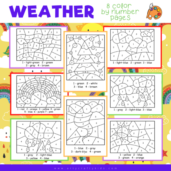 weather color by number worksheets for kids arty crafty kids