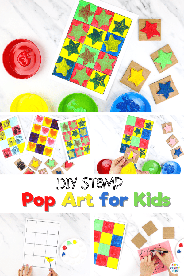 DIY Stamp Pop Art for Kids: An easy art idea for kids of all ages - it would make a great color and shape recognition activity for preschoolers; a pattern and counting art idea for early years and can be extended to a full art study. 

This art project can be completed with or without our printable templates.