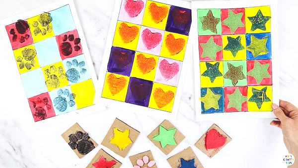 DIY Stamp Pop Art for Kids: An easy art idea for kids of all ages - it would make a great color and shape recognition activity for preschoolers; a pattern and counting art idea for early years and can be extended to a full art study. 

This art project can be completed with or without our printable templates.