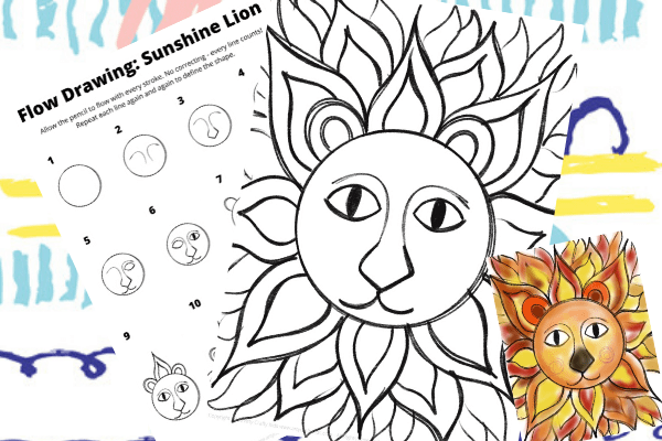 This free flow how to draw a sunshine lion guide can be completed with our step-by-step illustrative template or a black & white lion coloring page.