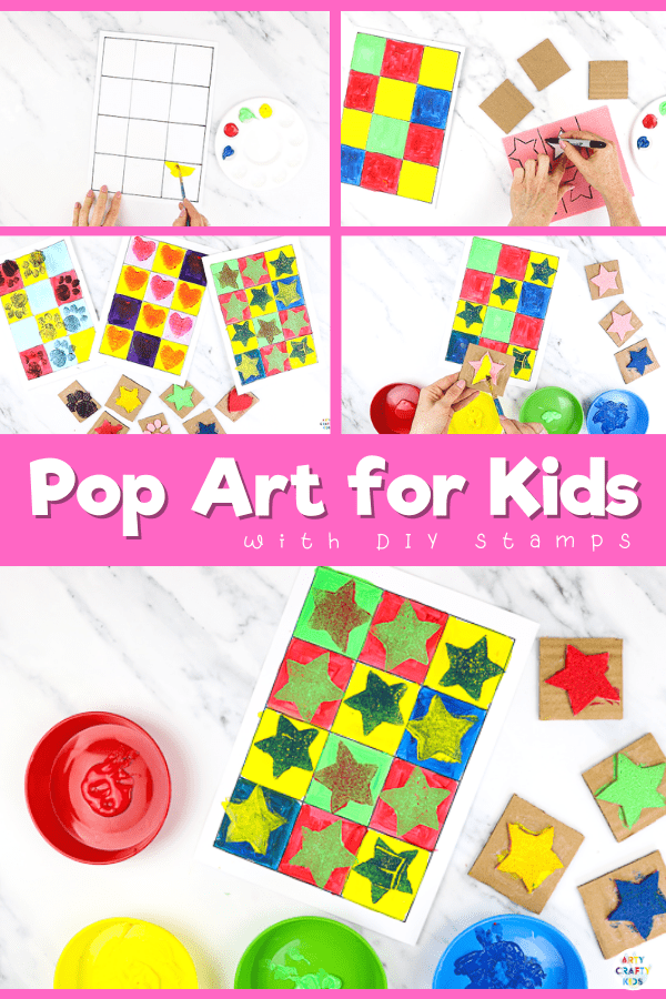 DIY Stamp Pop Art for Kids: An easy art idea for kids of all ages - it would make a great color and shape recognition activity for preschoolers; a pattern and counting art idea for early years and can be extended to a full art study. 

This art project can be completed with or without our printable templates.