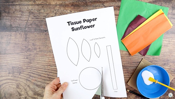 Easy Tissue Paper Sunflower Craft: Cut out the Sunflower Elements.