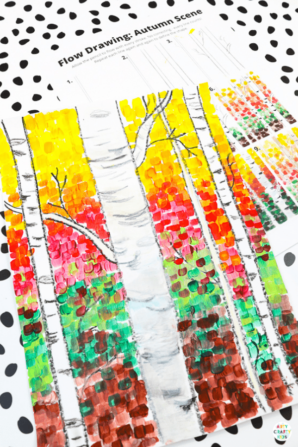 Our Autumn birch tree painting will help children to explore color, texture and contrast, encourage them to observe the details to be found in nature and inspire their creativity.

A fun Autumn paint along for kids, that can be completed with how to draw guides and a pre-drawn birch tree template.