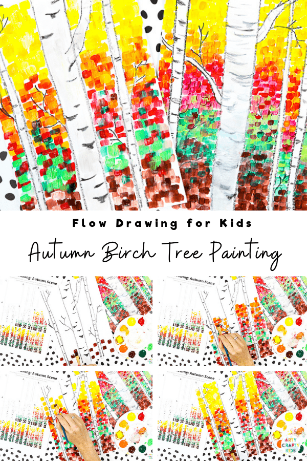 Our Autumn birch tree painting will help children to explore color, texture and contrast, encourage them to observe the details to be found in nature and inspire their creativity.

A fun Autumn paint along for kids, that can be completed with how to draw guides and a pre-drawn birch tree template.