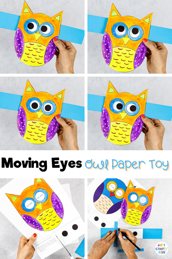 Craft meets play with this adorable Moving Eyes Owl Craft for kids. A lovely Autumn craft where Children can practice their fine motor skills with cutting and sticking, and use their imaginations to explore color and texture with paints. And as the finished craft is so tactile and interactive, kids will have a great time playing with their creation afterwards, too.