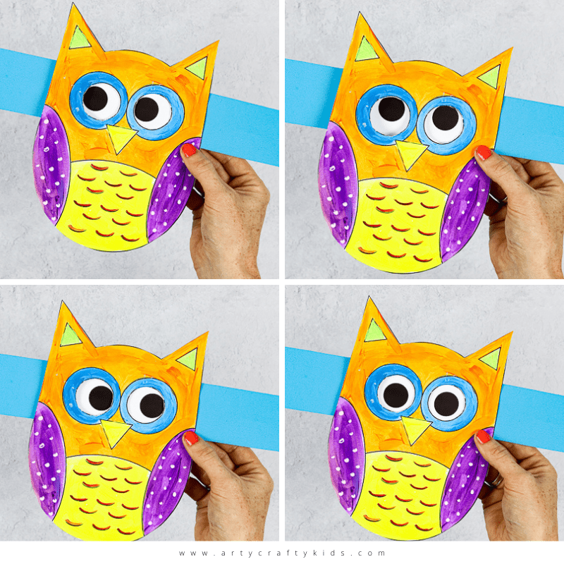 Moving eyes owl craft featuring a colorful paper owl with eyes that move from side to side.